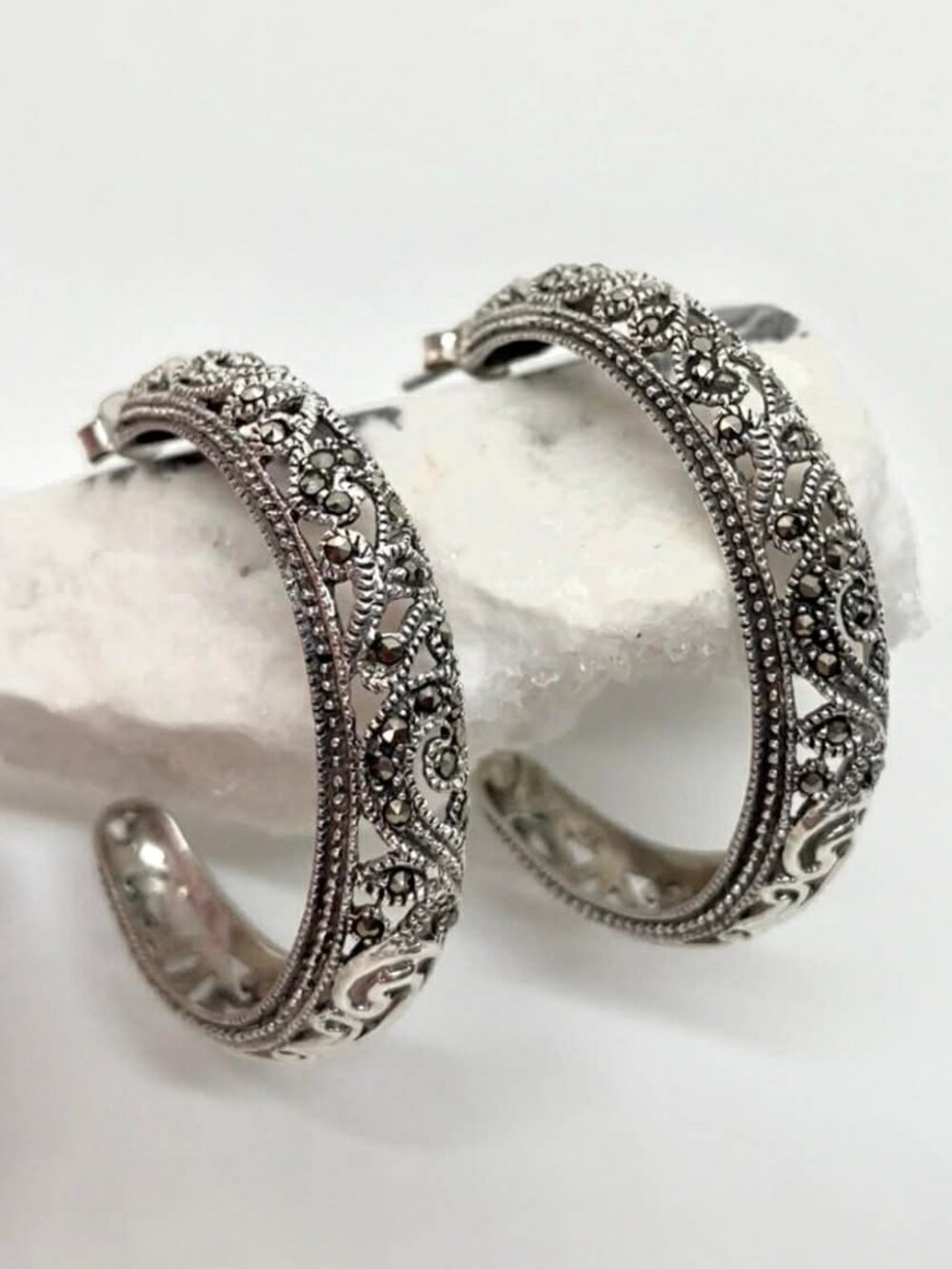 Vintage Marcasite Hoop Earrings Silver CFJ Christopher Fine Jewelry SPARKLING